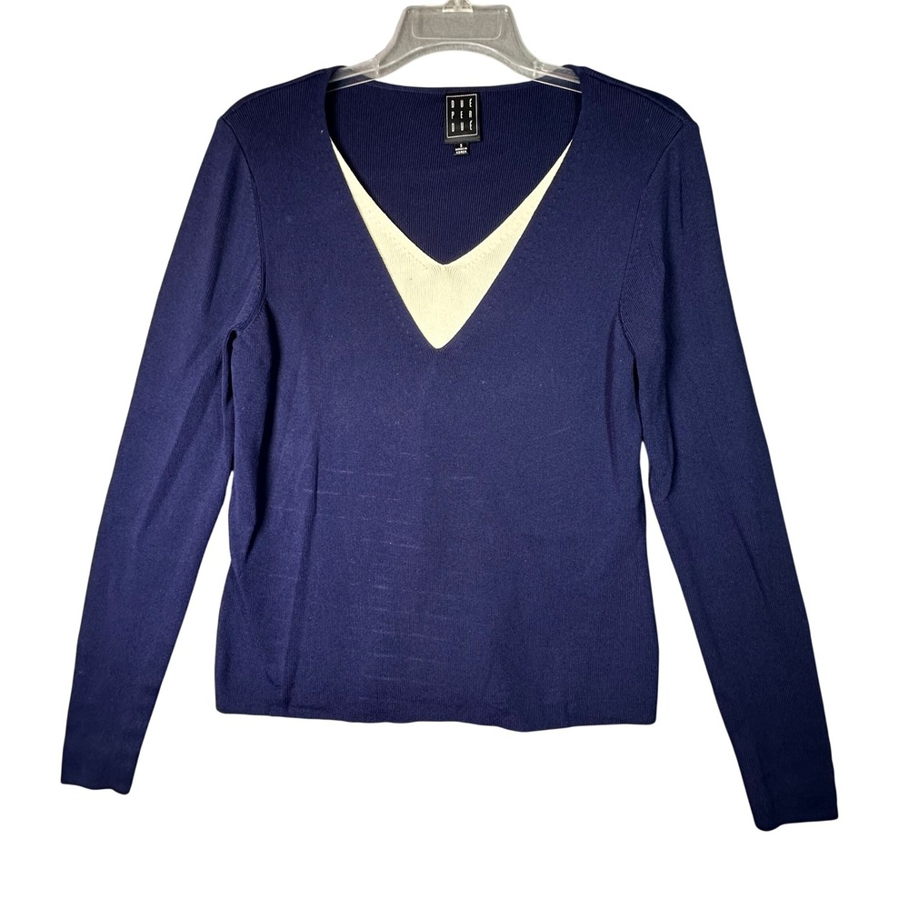 Due Per Due Layered V-Neck Ribbed Sweater Navy Blue Cream Preppy Size S Academia